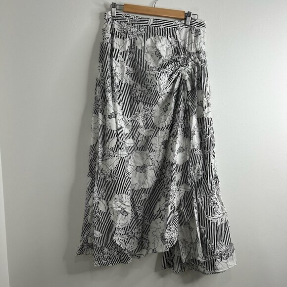 Boston Proper Midi Skirt Womens M Black White Striped Floral Maxi Ruched Boho - Picture 1 of 12